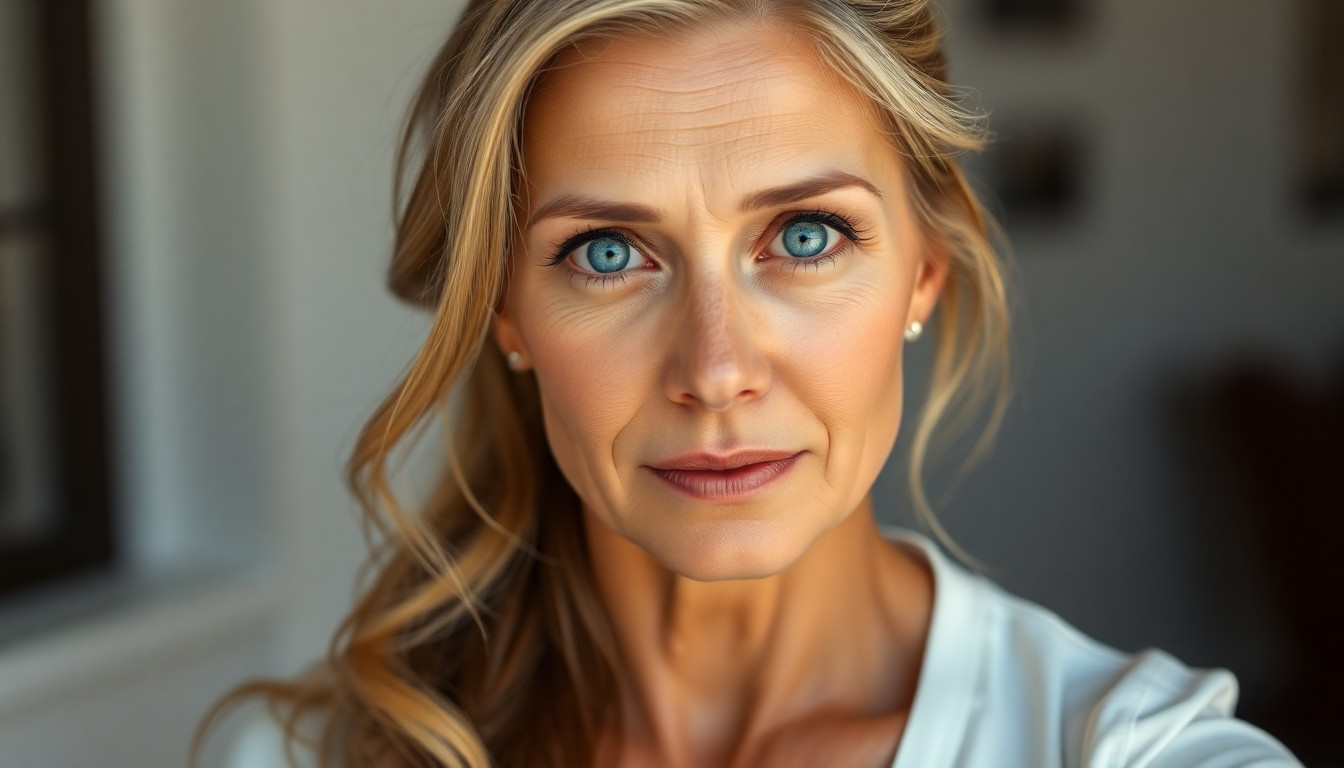 AI generated art for prompt: A photorealistic portrait photograph showcases a middle-aged woman with captivating blue eyes and a 