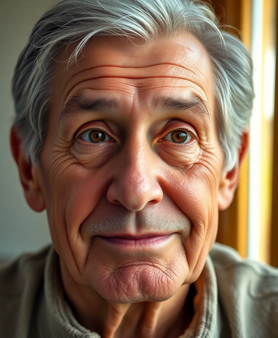 AI generated art for prompt: A charismatic elderly man with weathered features and warm hazel eyes is captured in a portrait phot
