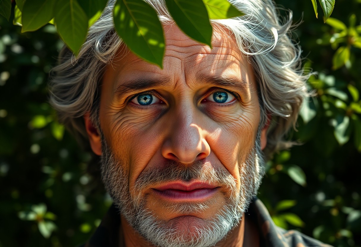 AI generated art for prompt: A photorealistic portrait photograph captures a middle-aged man's rugged features, his life experien