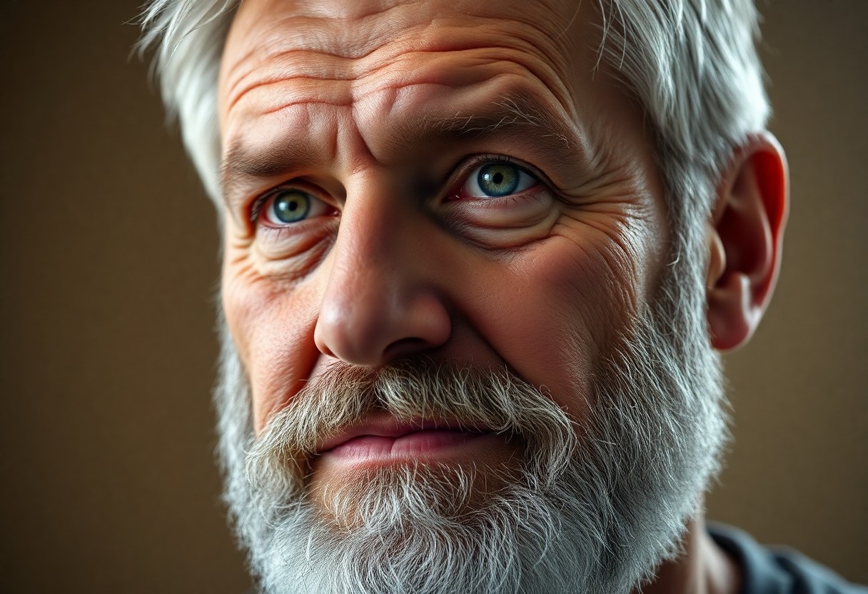 AI generated art for prompt: A close-up portrait depicts a man in his late sixties with sharp green eyes and short white hair str