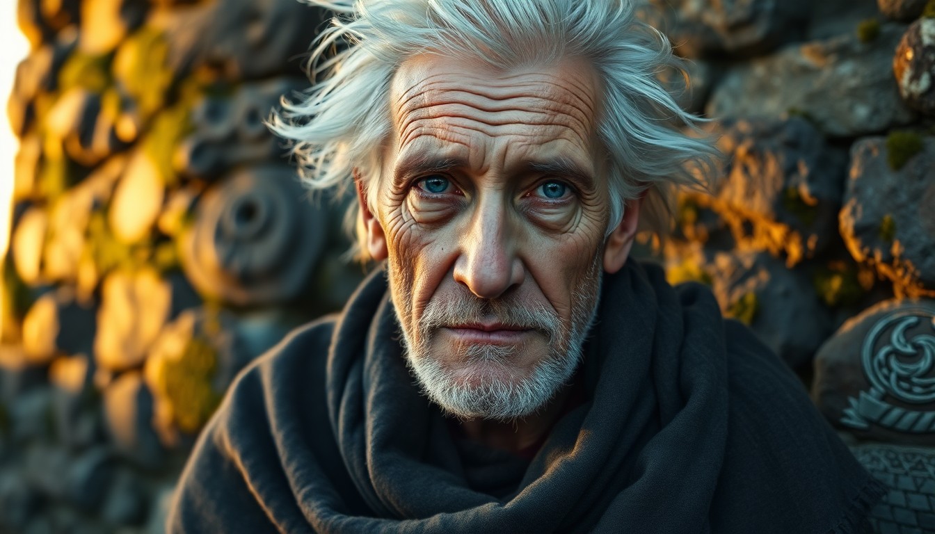 AI generated art for prompt: Craft a captivating photorealistic portrait of an elderly man adorned with intricate Celtic-inspired