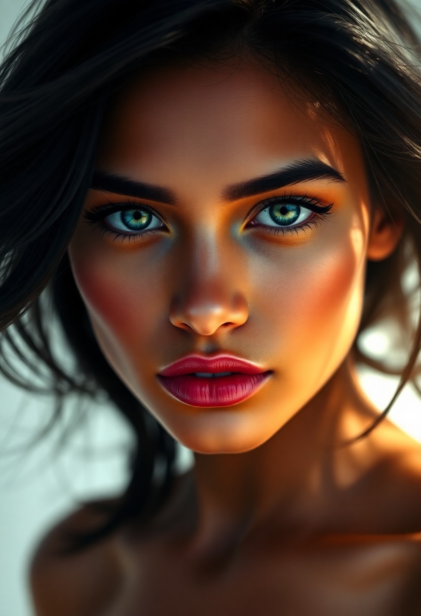 AI generated art for prompt: A captivating photorealistic portrait of a young woman with olive skin and flowing dark hair framing