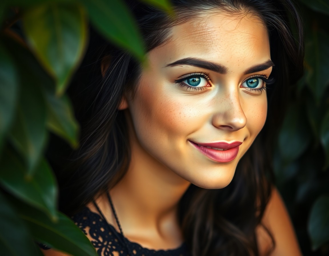 AI generated art for prompt: An iPhone portrait showcases a captivating young woman with striking green eyes and an enigmatic smi