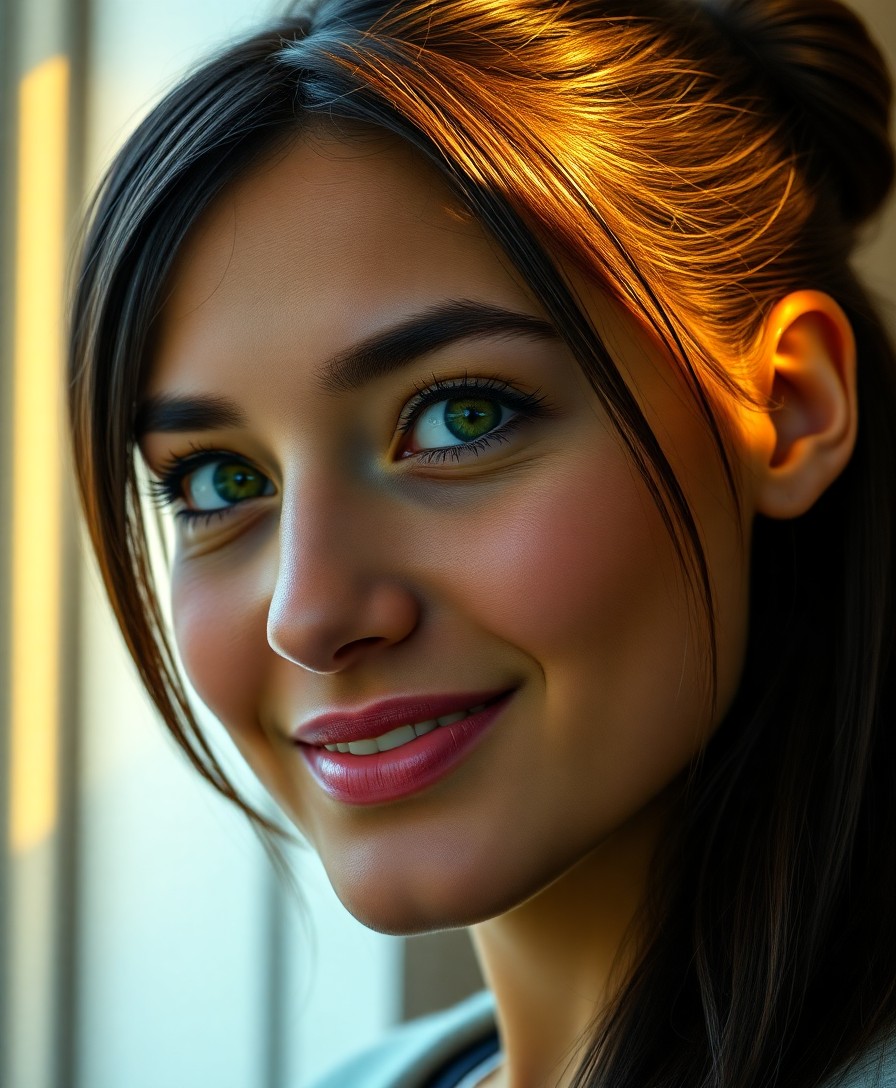 AI generated art for prompt: A photorealistic portrait photograph showcases a young woman in her mid-20s with olive skin, long da