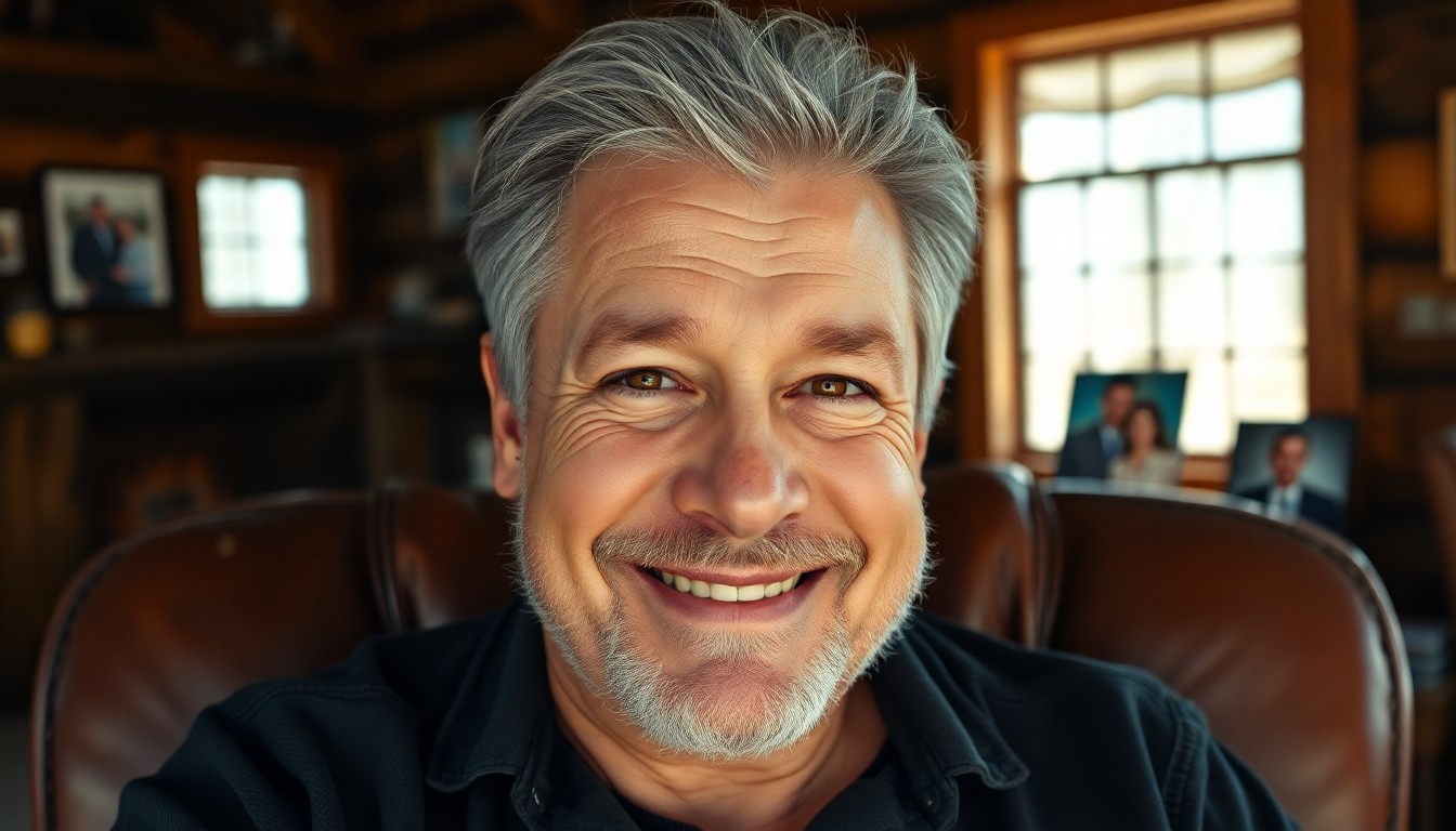 AI generated art for prompt: This photorealistic portrait captures a middle-aged man with a weathered face, adorned by deep laugh