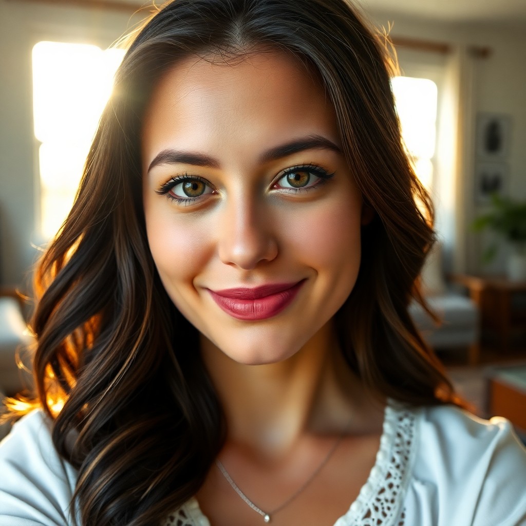 AI generated art for prompt: An iPhone portrait showcases a woman in her late twenties with long, wavy dark hair and captivating 