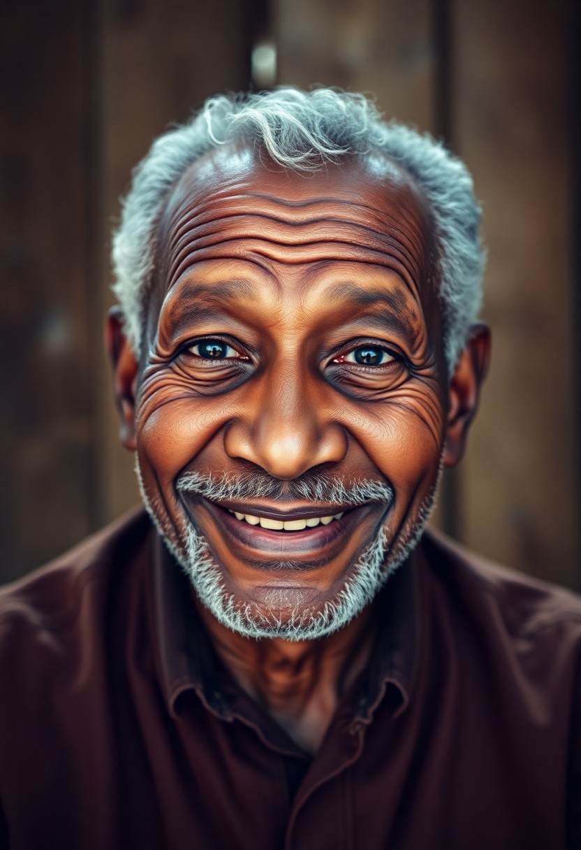 AI generated art for prompt: A digital camera captures an elderly African-American man in a photorealistic portrait. His warm eye