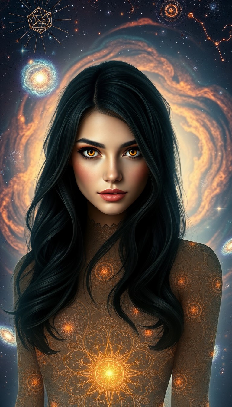 AI generated art for prompt: A captivating digital art portrait showcases an alluring woman with mesmerizing amber eyes, drawing 