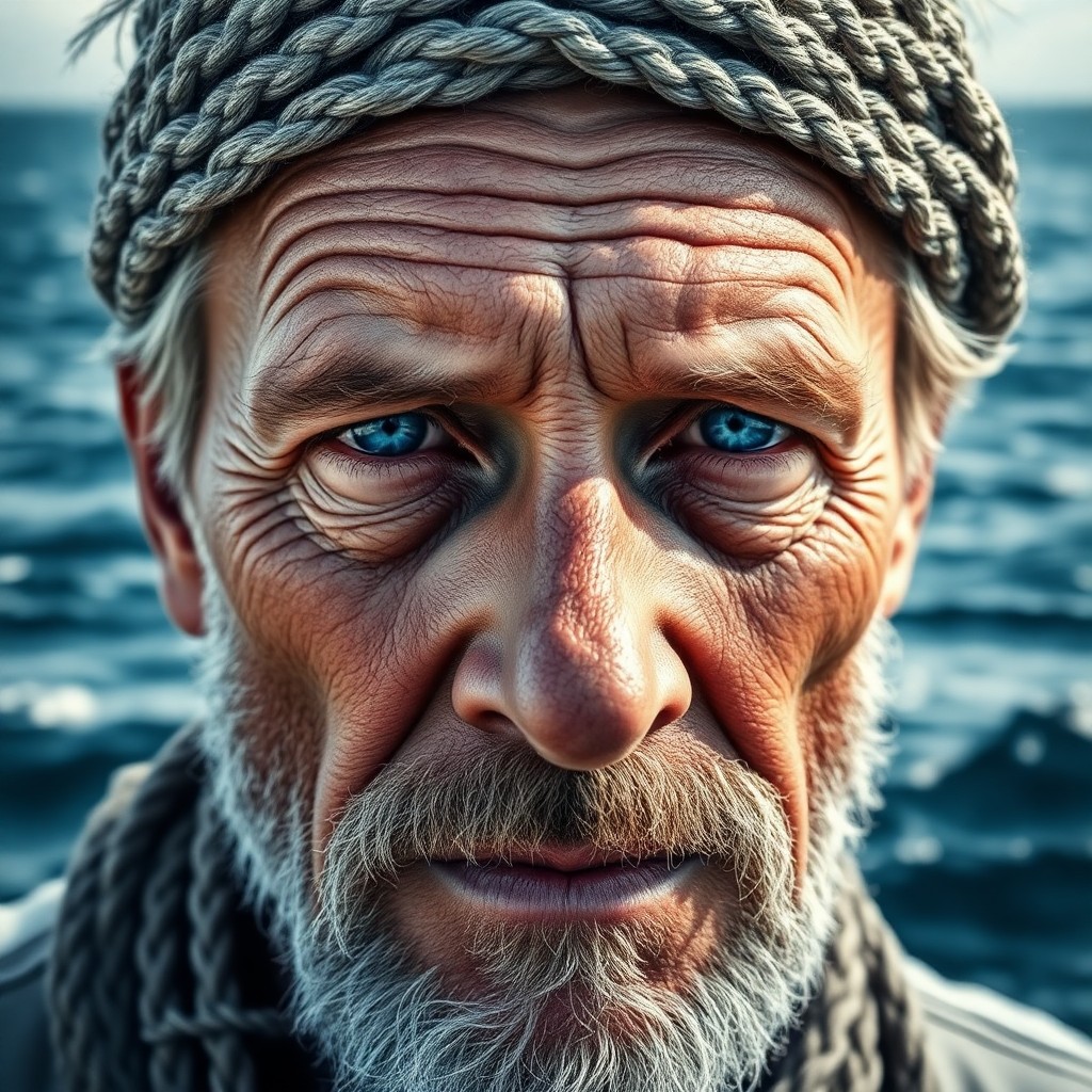 AI generated art for prompt: A portrait photograph reveals a weathered fisherman's piercing blue eyes, ancient and wise. His line