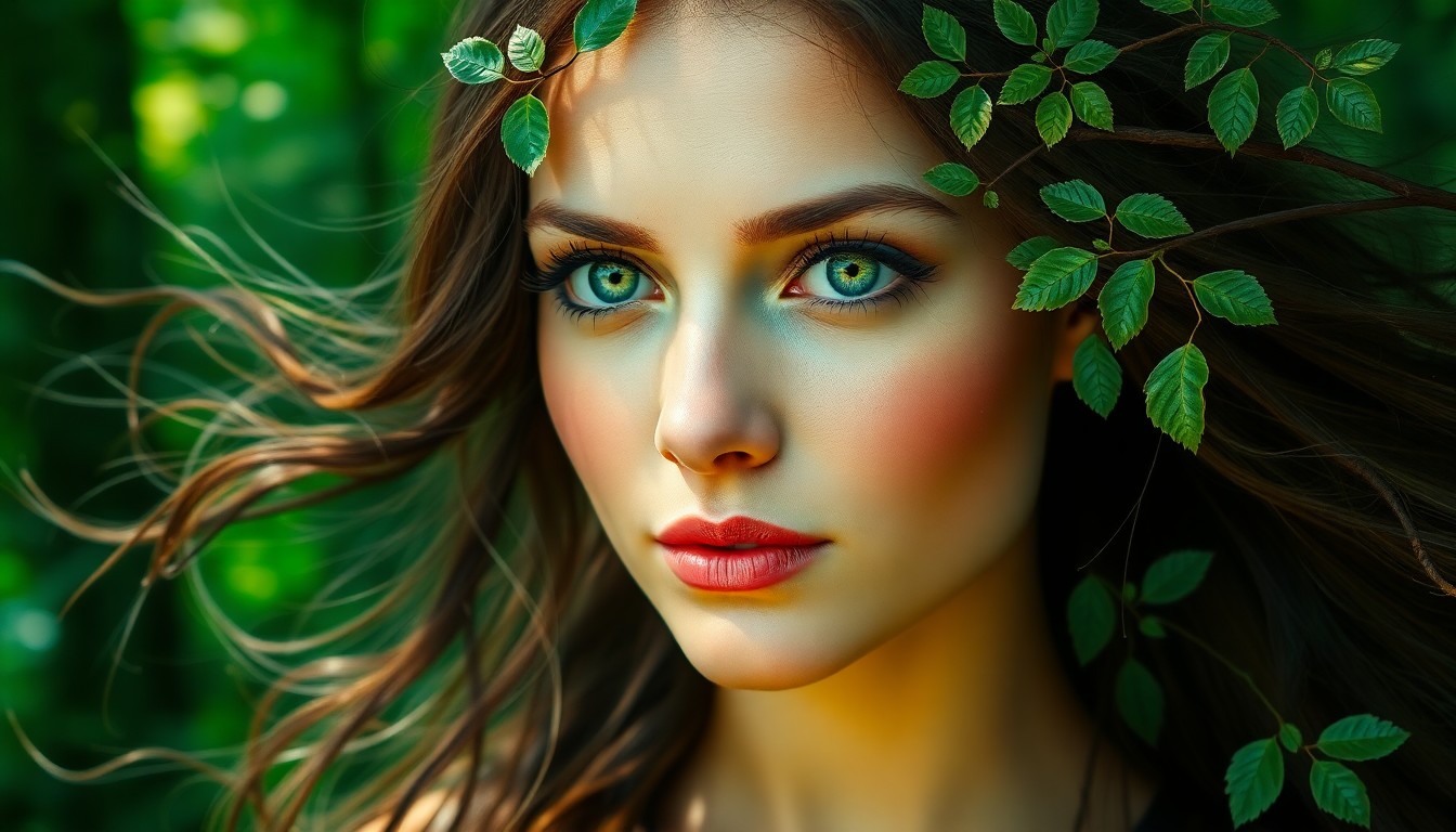 AI generated art for prompt: A photorealistic portrait photograph showcases an enchanting woman with vibrant green eyes seamlessl