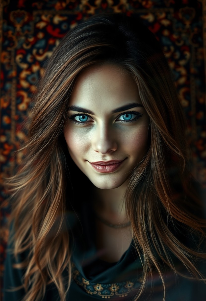 AI generated art for prompt: A captivating double-exposure portrait showcases a woman with piercing blue eyes and an enigmatic sm