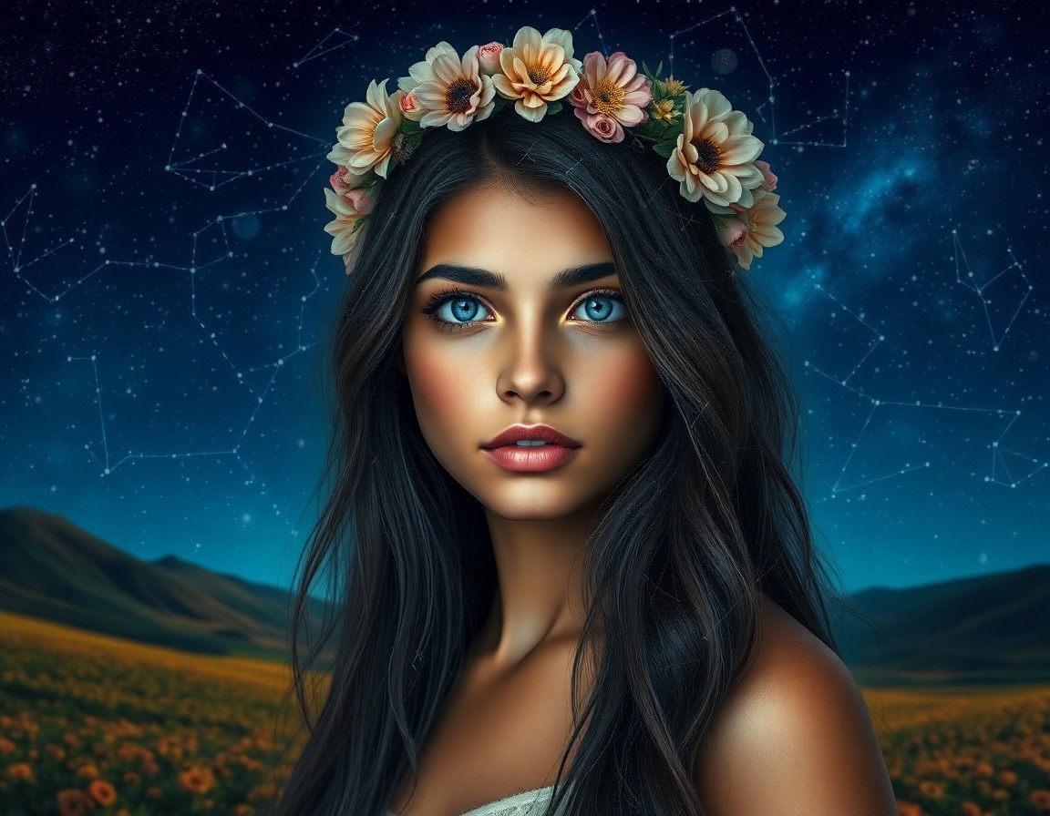 AI generated art for prompt: A photorealistic portrait of an enigmatic young woman with olive skin, piercing blue eyes, and long 