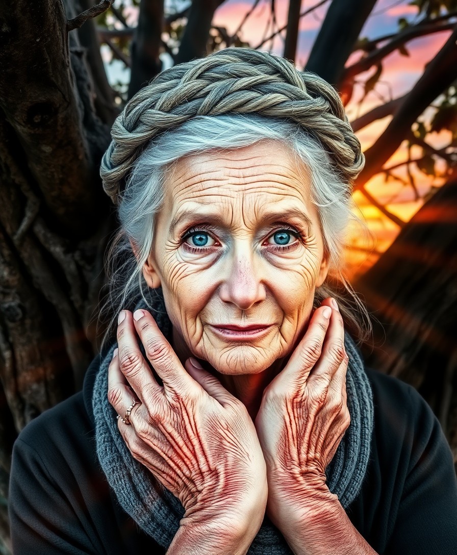 AI generated art for prompt: Craft a double exposure portrait showcasing an astute elderly woman with captivating blue eyes and s