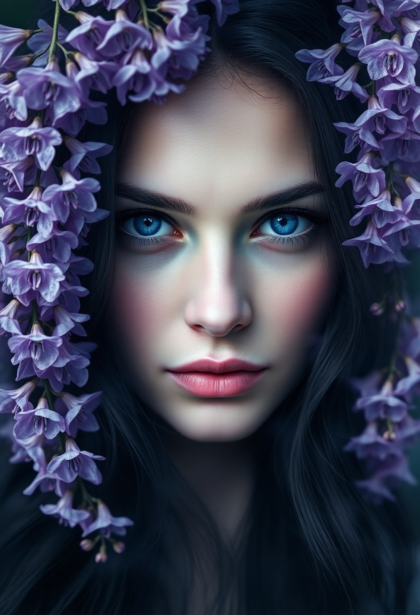 AI generated art for prompt: Craft an enigmatic portrait of a woman with piercing blue eyes and dark cascading hair, her ethereal