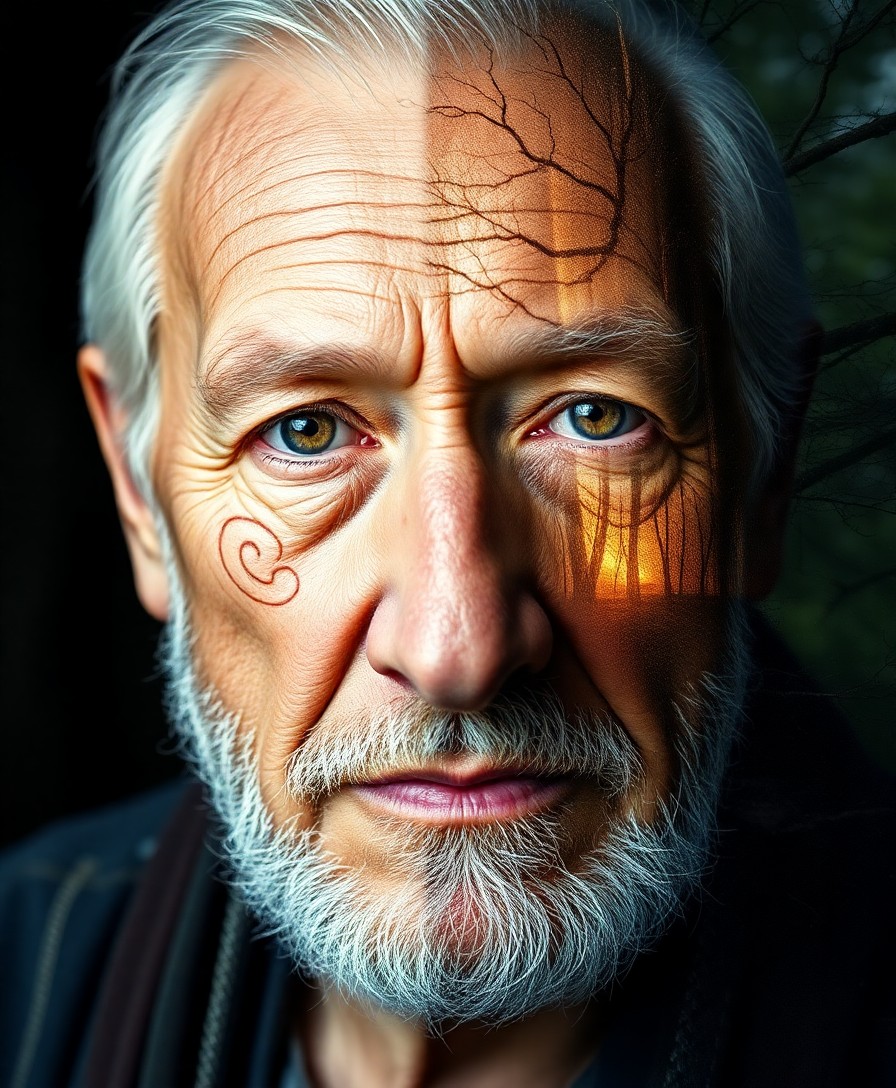 AI generated art for prompt: A portrait photograph of an elderly man, captured with a DSLR, reveals wise, deep-set eyes and a fac