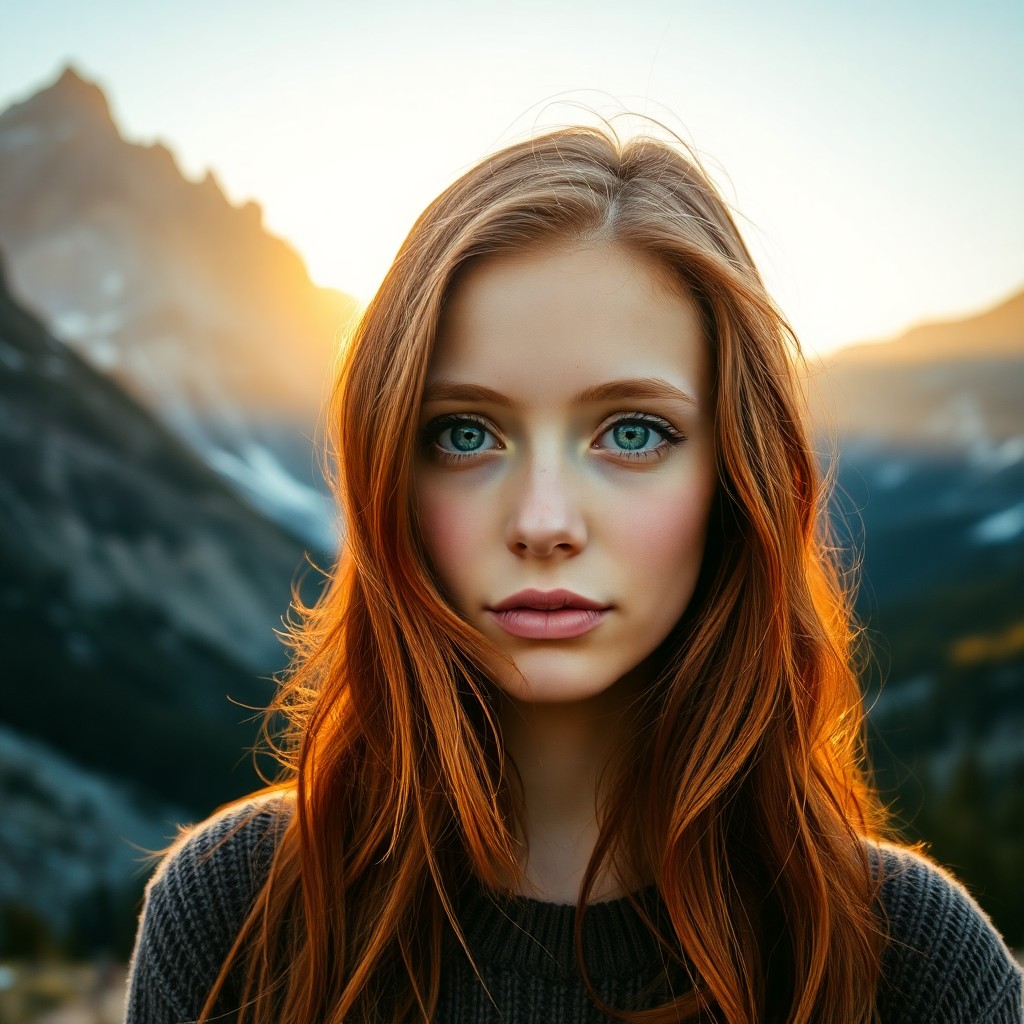 AI generated art for prompt: A young woman with cascading red locks and piercing green eyes stands amidst a serene mountain lands