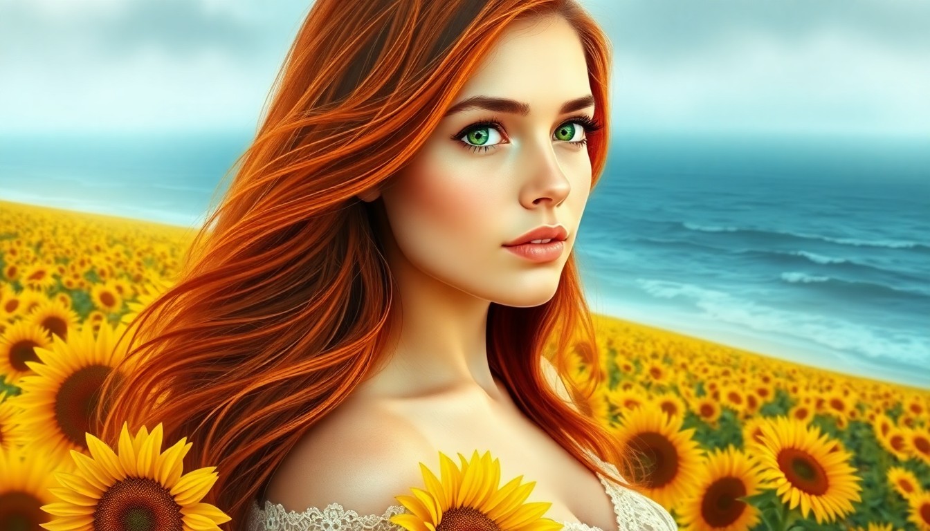 AI generated art for prompt: Create a digital art portrait of a captivating young woman with long, flowing auburn hair that blend