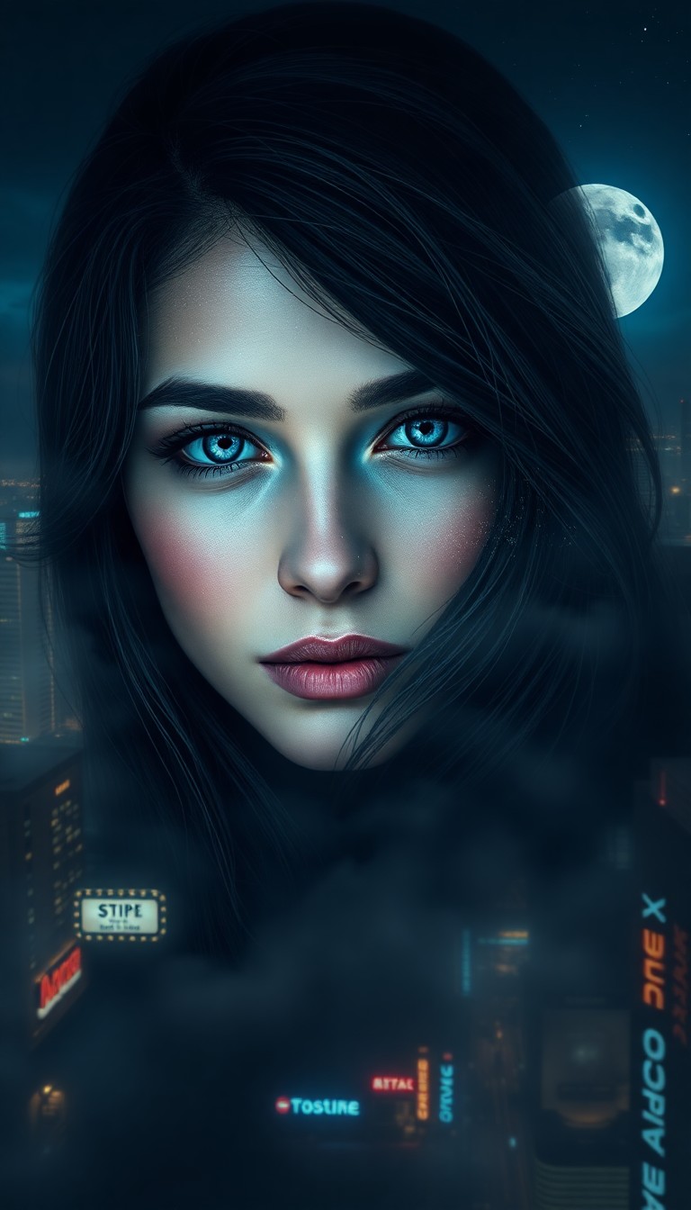 AI generated art for prompt: Craft a photorealistic digital portrait of an enigmatic woman with deep blue eyes mirroring the nigh