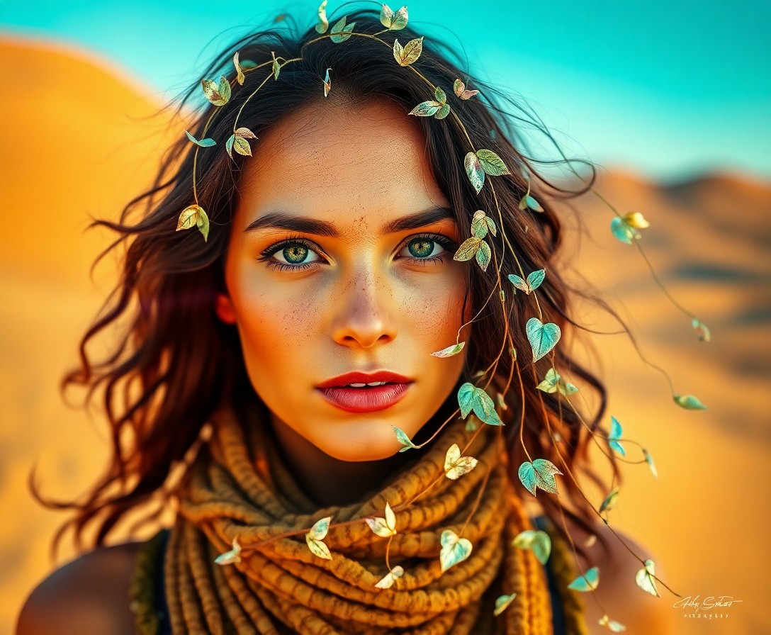 AI generated art for prompt: A captivating double exposure portrait showcases an enigmatic wanderer amidst a vibrant desert oasis