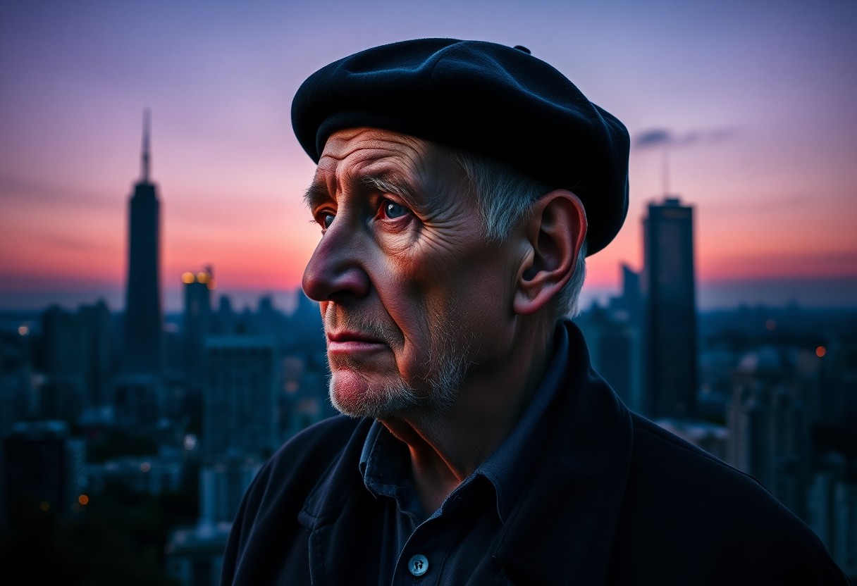 AI generated art for prompt: A DSLR captures a portrait of an elderly man with weathered skin, donning a black beret as he pensiv