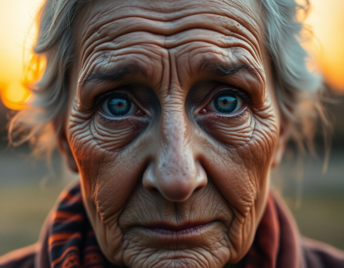 AI generated art for prompt: A striking double exposure portrait of an elderly woman, her wise eyes framed by deep creases, refle