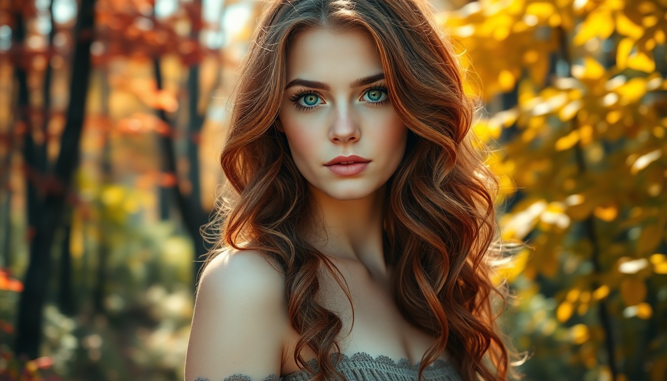 AI generated art for prompt: Craft a photorealistic portrait of a young woman with vibrant green eyes and cascading wavy auburn h