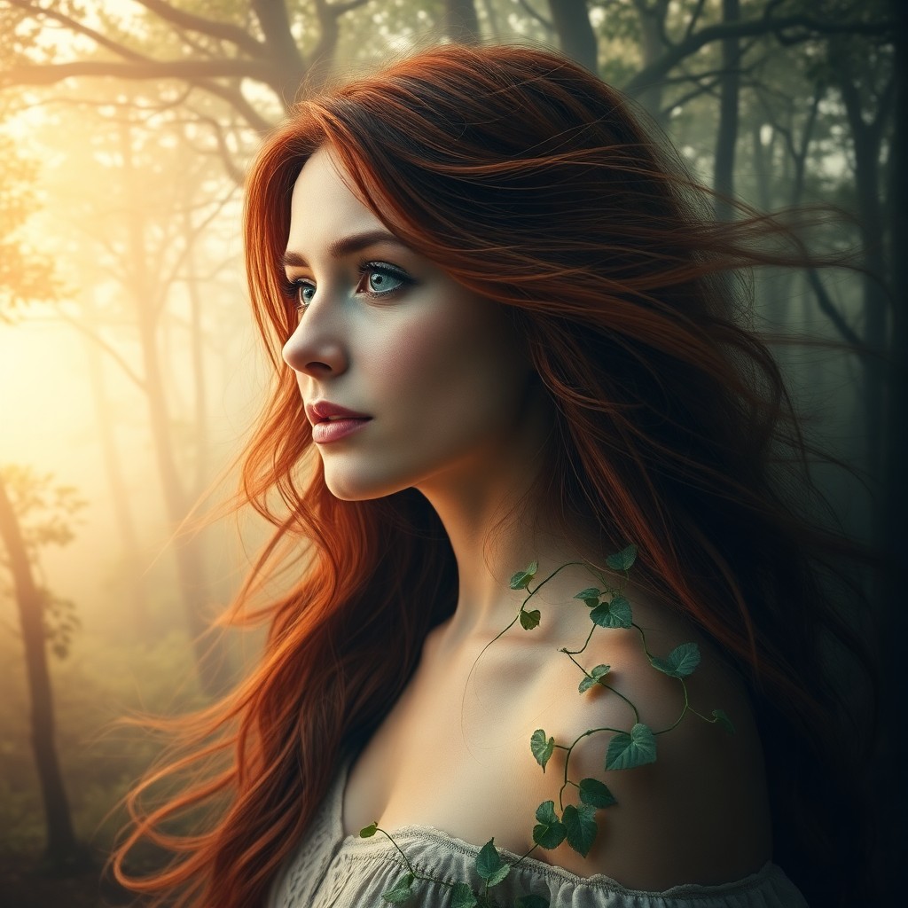 AI generated art for prompt: A captivating double exposure portrait depicts a woman with flowing red hair, her gaze fixed on the 