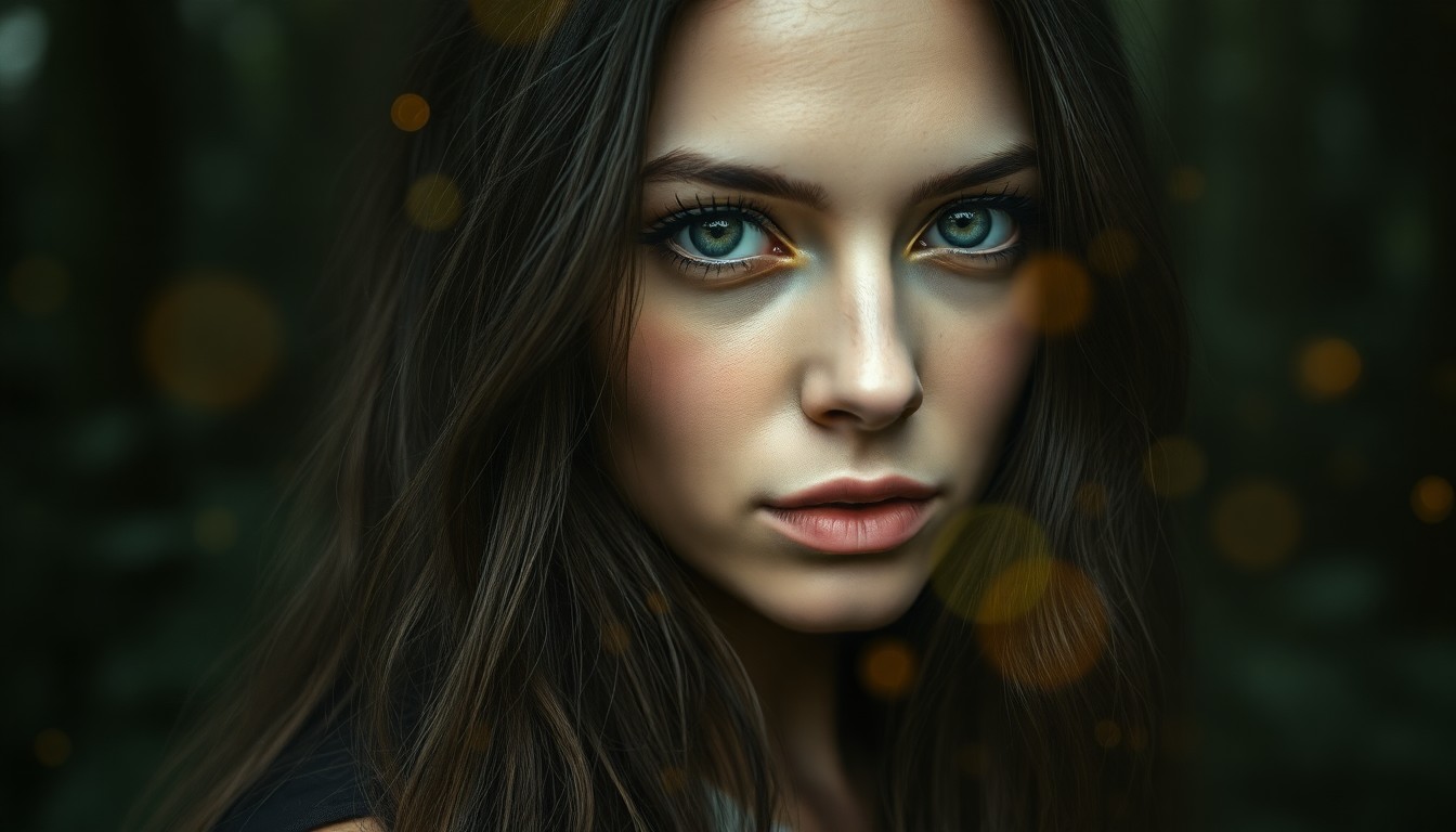 AI generated art for prompt: An enigmatic portrait captures a woman with captivating green eyes, her long dark hair woven with go