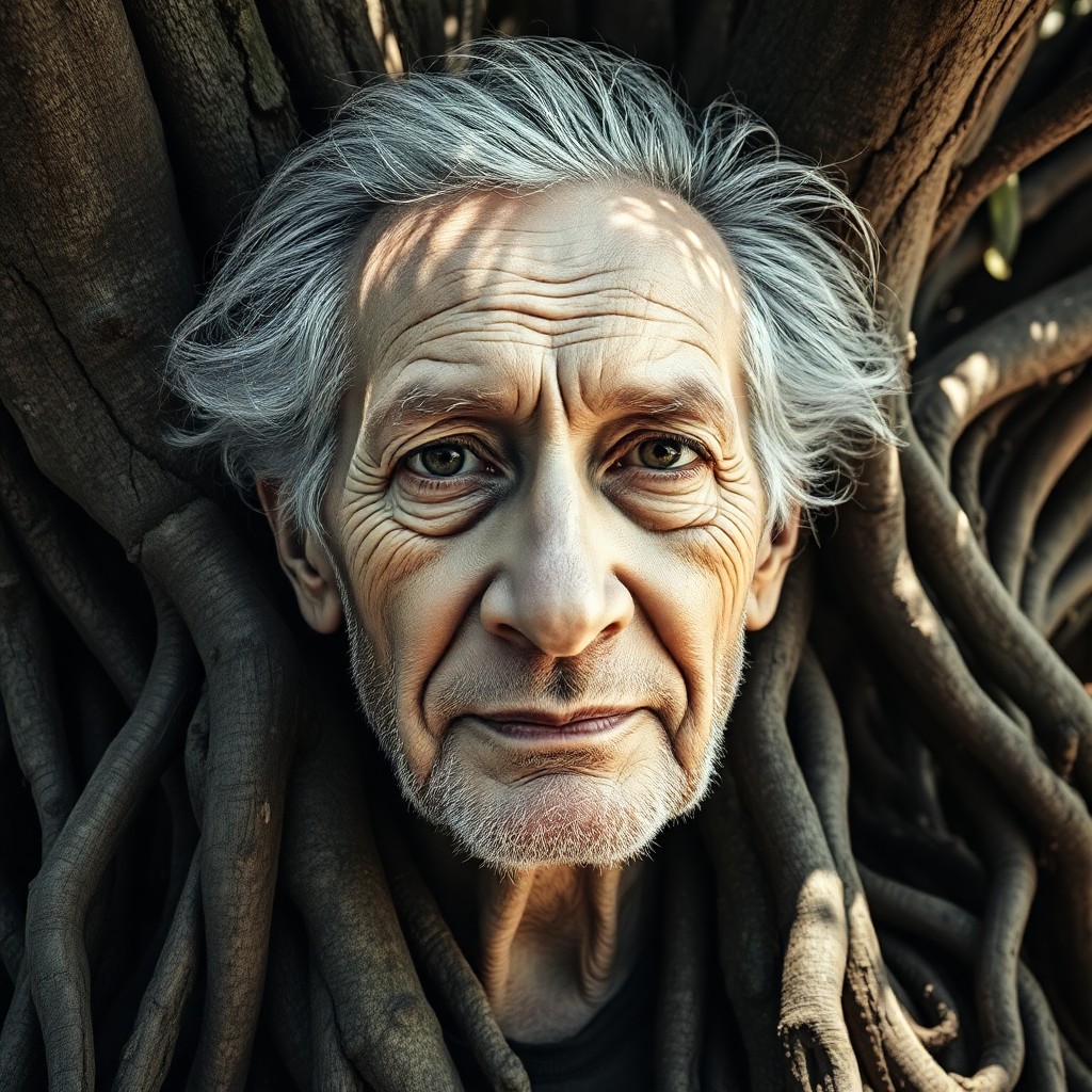 AI generated art for prompt: An elderly man's portrait, his weathered face intertwined with an ancient tree's roots and branches.