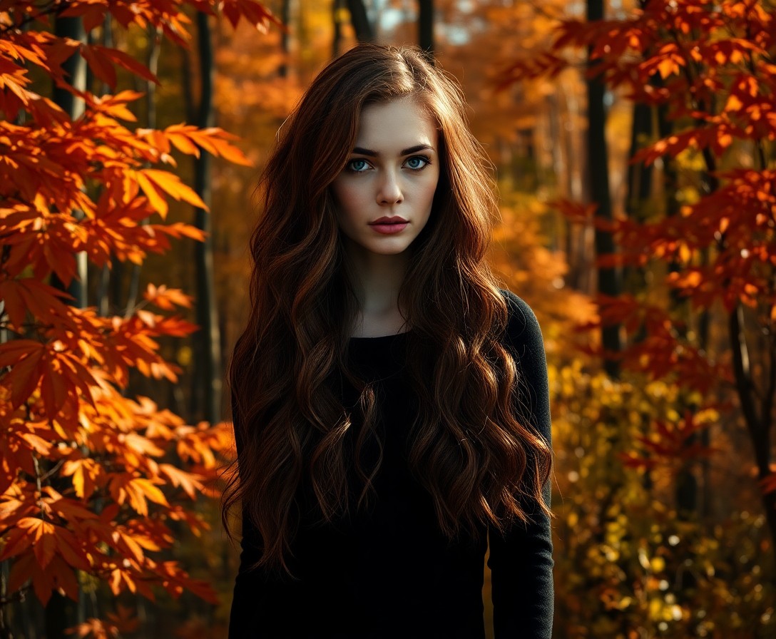 AI generated art for prompt: Amidst an autumn forest's vibrant tapestry of foliage, a woman with cascading auburn hair and striki