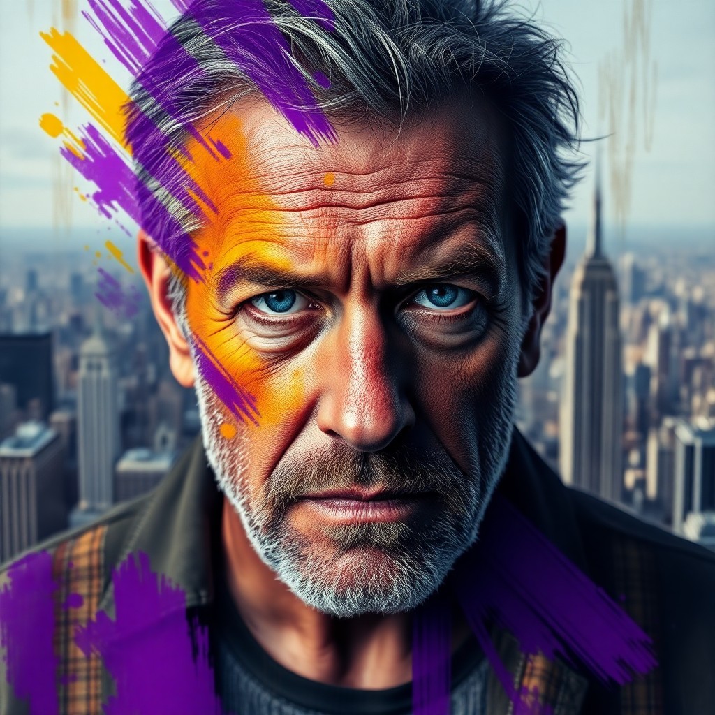 AI generated art for prompt: A photorealistic portrait depicts a stoic middle-aged man with piercing blue eyes and rugged feature