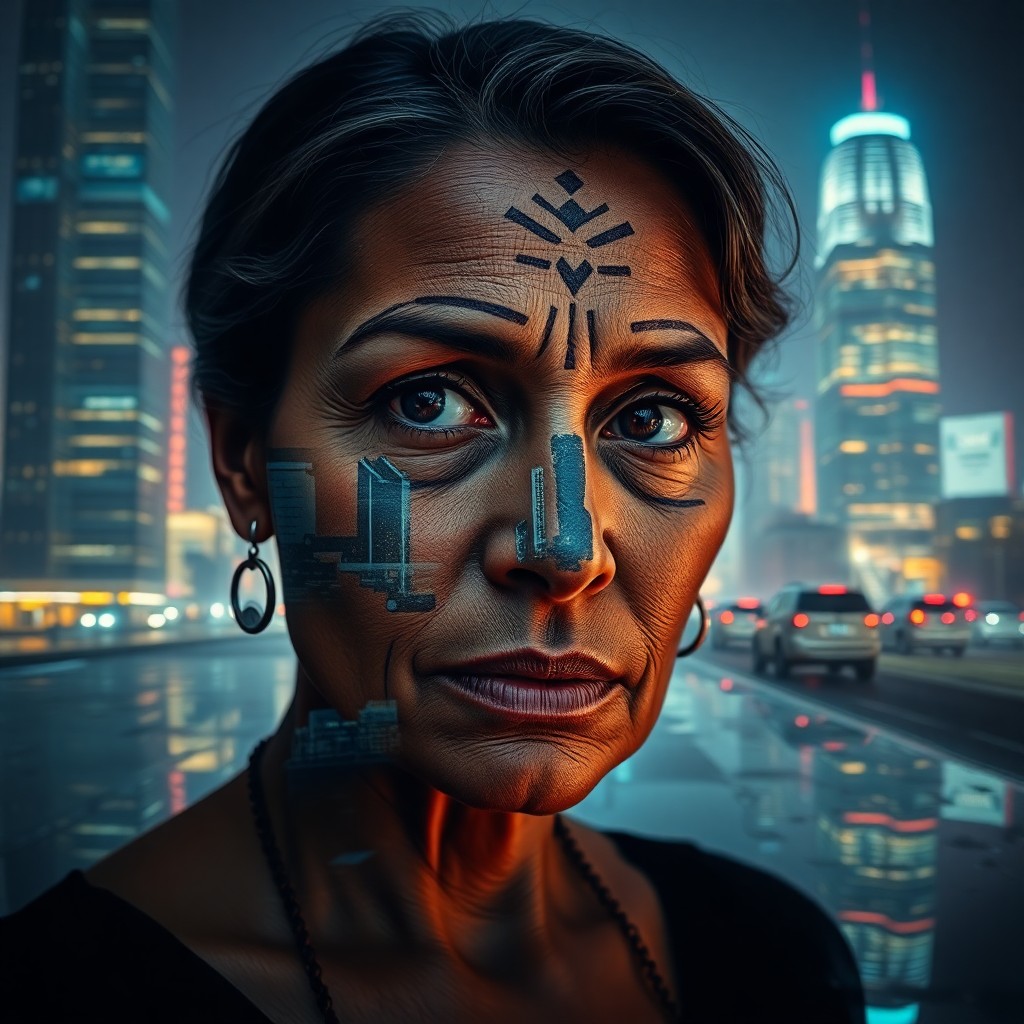 AI generated art for prompt: A striking double exposure portrait showcases a middle-aged woman with warm brown skin and intricate