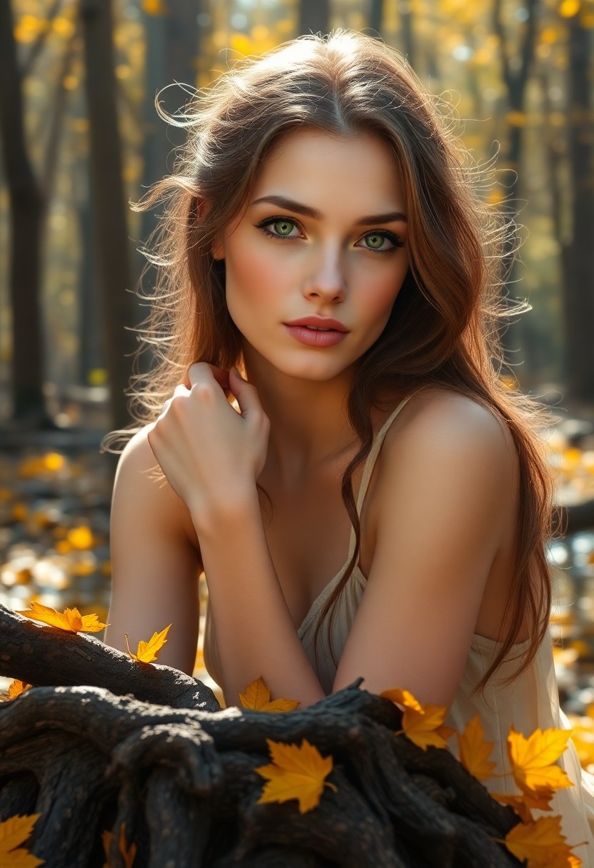 AI generated art for prompt: Create an image of a young woman with delicate features, sitting amidst an autumn forest. Her porcel