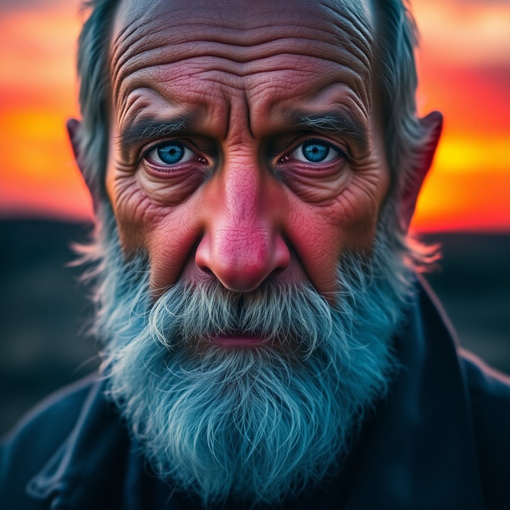 AI generated art for prompt: A captivating double exposure portrait showcases an elderly man with piercing blue eyes and a full w