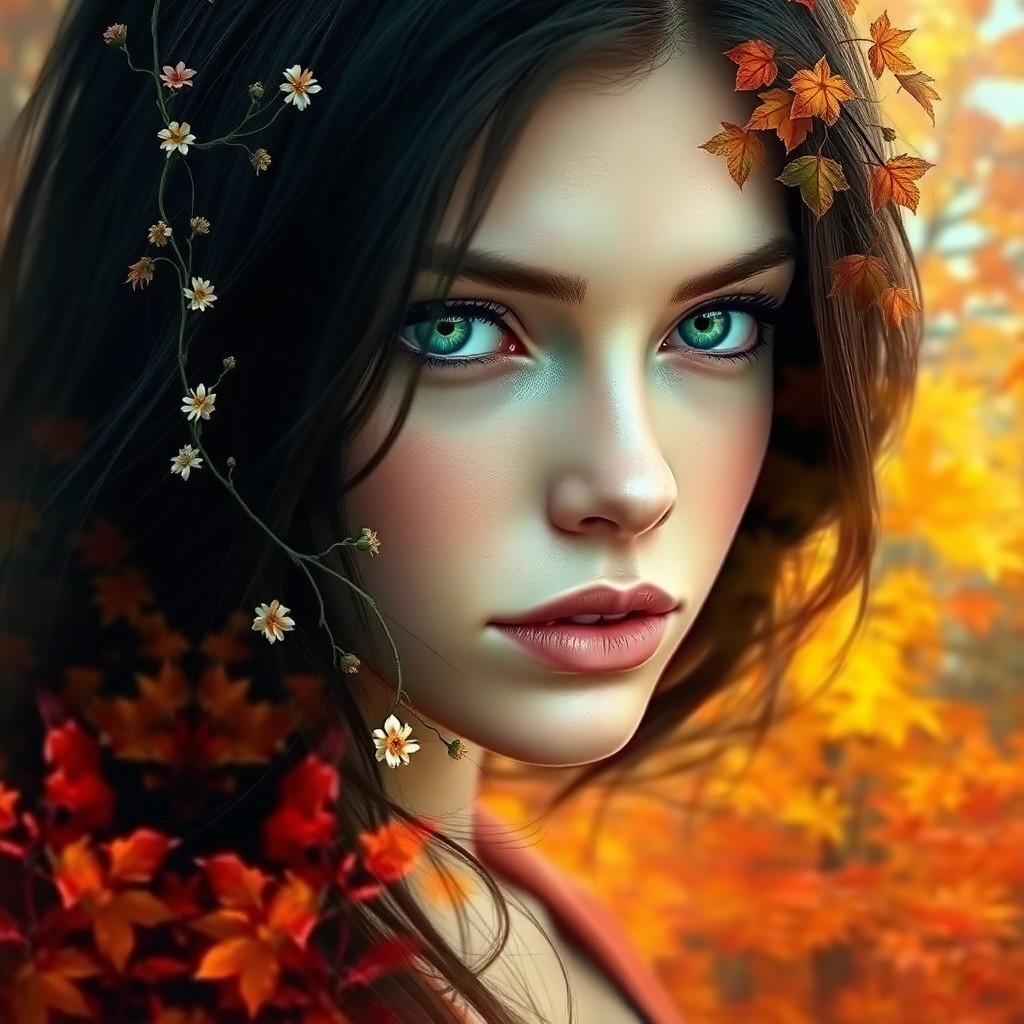 AI generated art for prompt: A captivating digital portrait showcases a mysterious young woman with vibrant green eyes, her gaze 