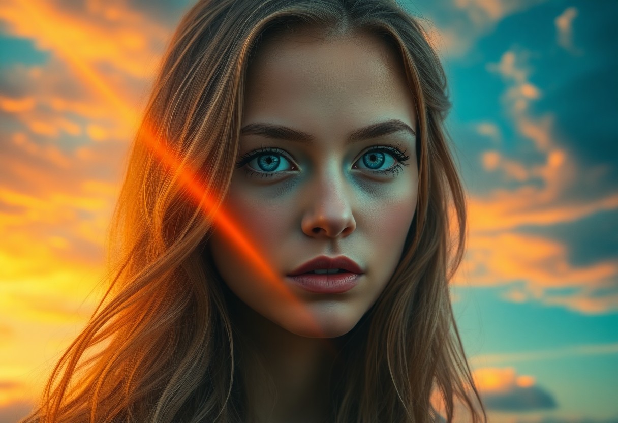 AI generated art for prompt: A captivating portrait showcases an enigmatic young woman adorned with piercing blue eyes and cascad