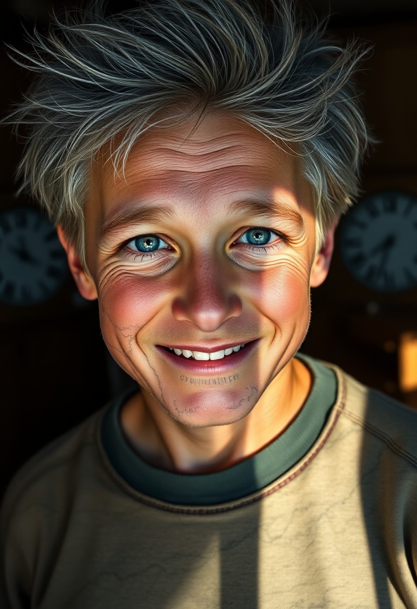 AI generated art for prompt: Aged yet joyous, the boy's weathered features and striking blue eyes are framed by windswept gray ha