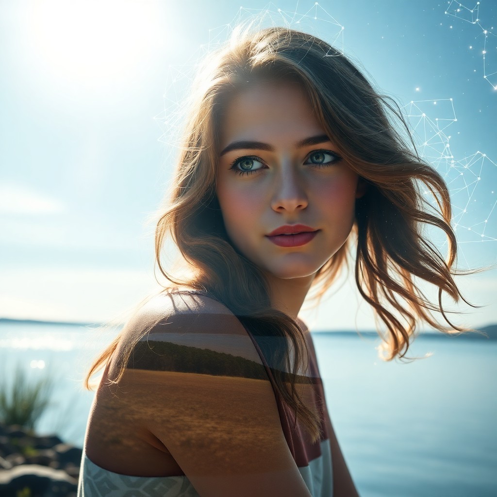 AI generated art for prompt: A captivating double exposure portrait showcases a young woman with sun-kissed hair flowing in gentl