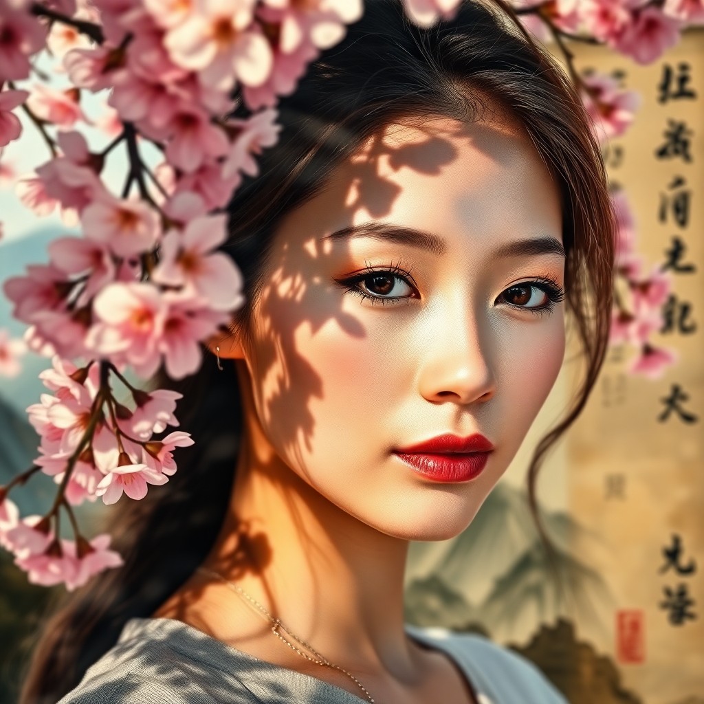 AI generated art for prompt: Create a photorealistic portrait of a young woman, her delicate features intertwined with an ancient