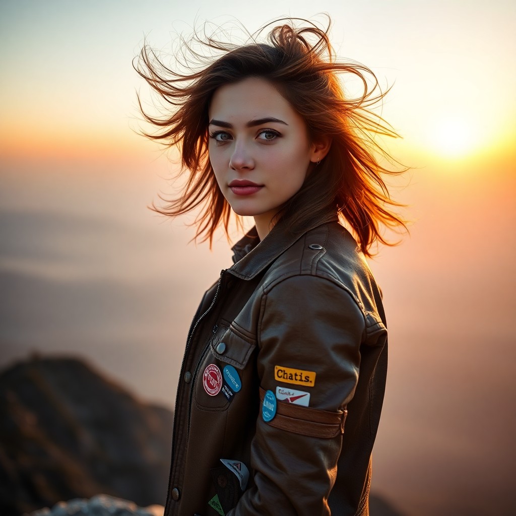 AI generated art for prompt: A portrait of a fearless young woman with windswept hair, wearing a well-worn leather jacket adorned