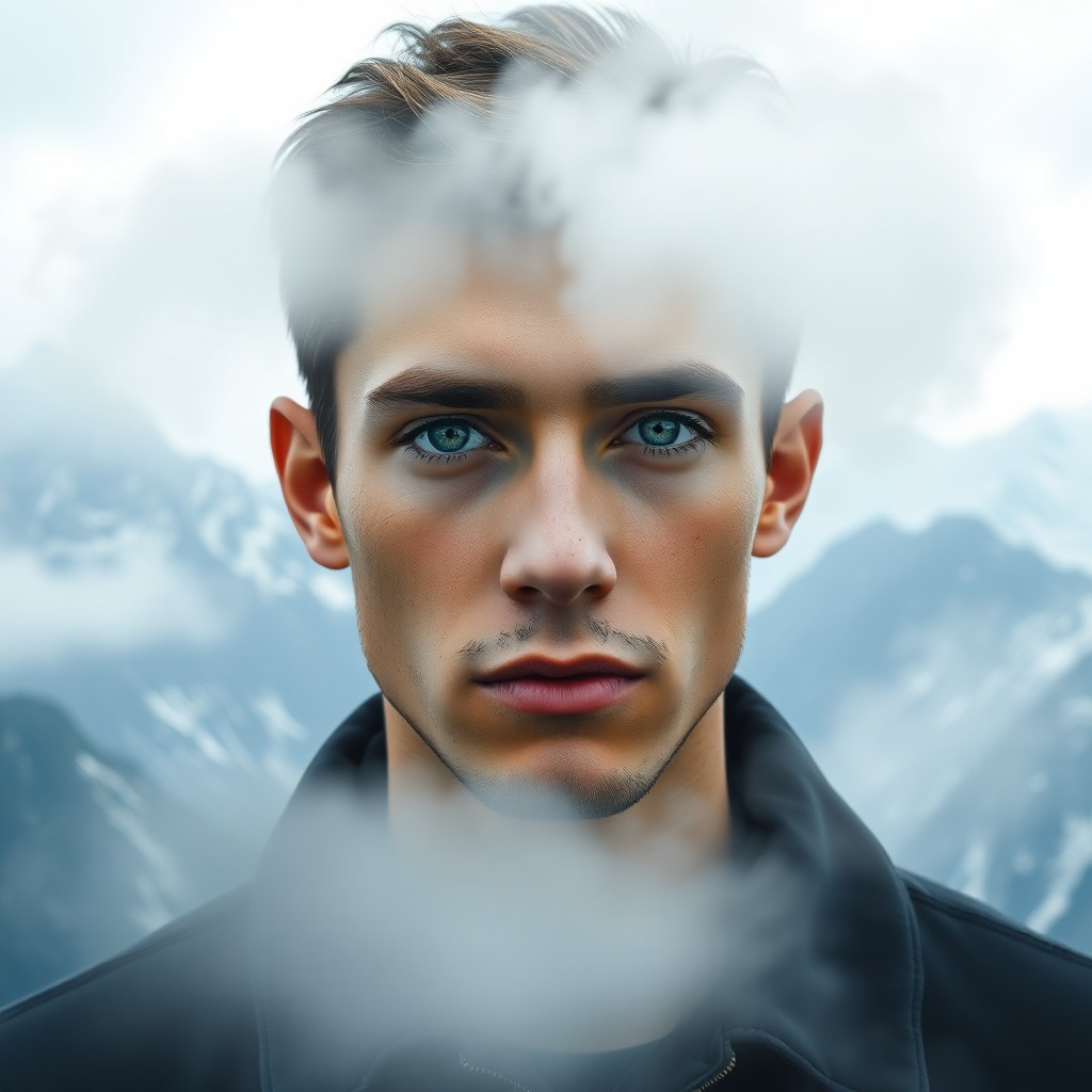 AI generated art for prompt: A captivating portrait of a young man with striking green eyes emerges from a misty mountain range b