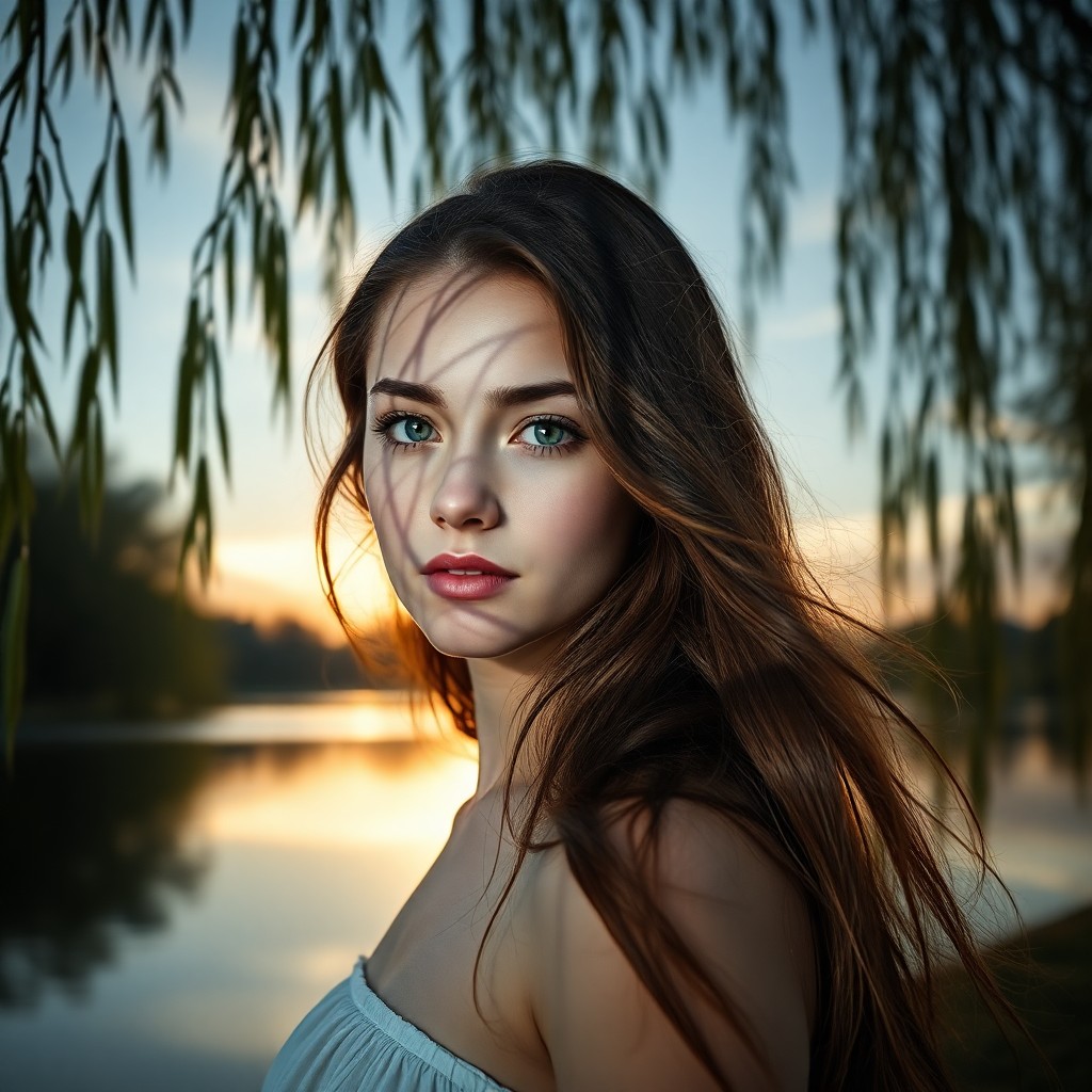 AI generated art for prompt: A young woman with porcelain skin and flowing chestnut hair stands by a tranquil lake at dusk, her p