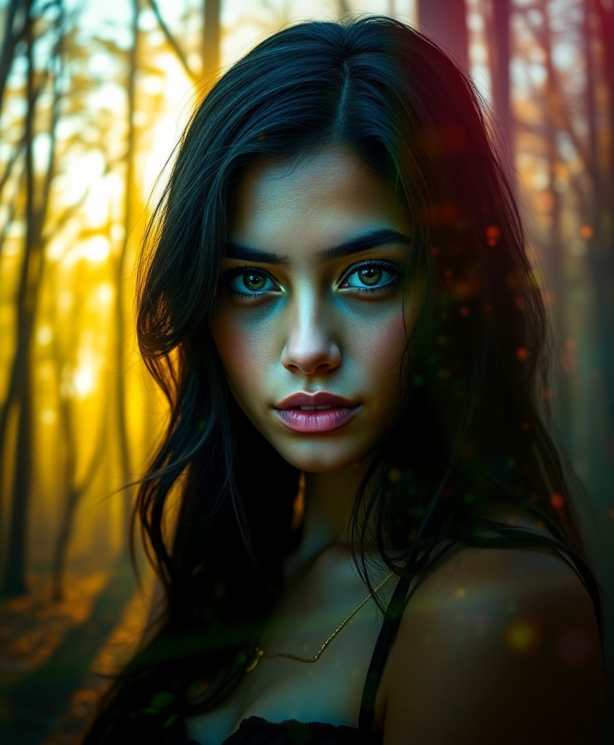 AI generated art for prompt: A mesmerizing double exposure portrait showcases an enigmatic young woman with olive skin and raven-