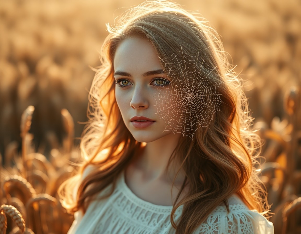 AI generated art for prompt: Amidst a golden wheat field, a young woman stands with long, wavy hair flowing past her shoulders, e