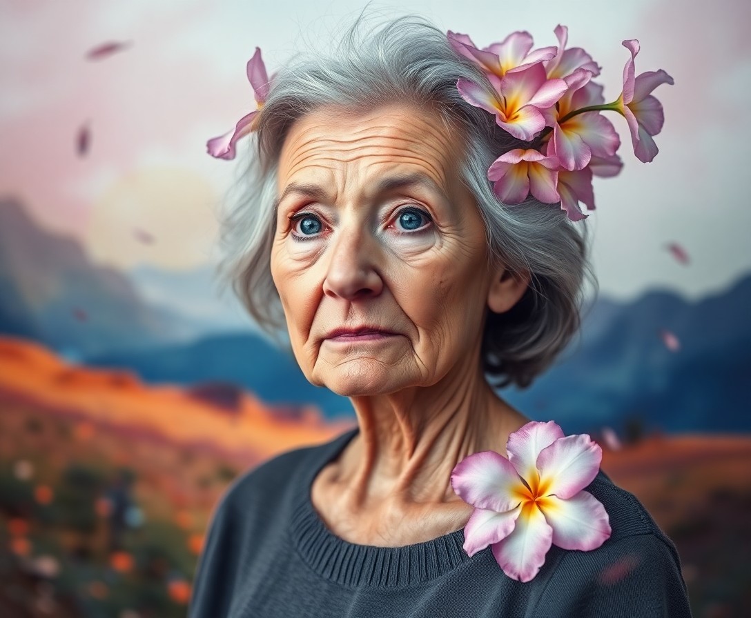 AI generated art for prompt: Create a photorealistic portrait of an elderly woman, captured with a mirrorless camera. The image c