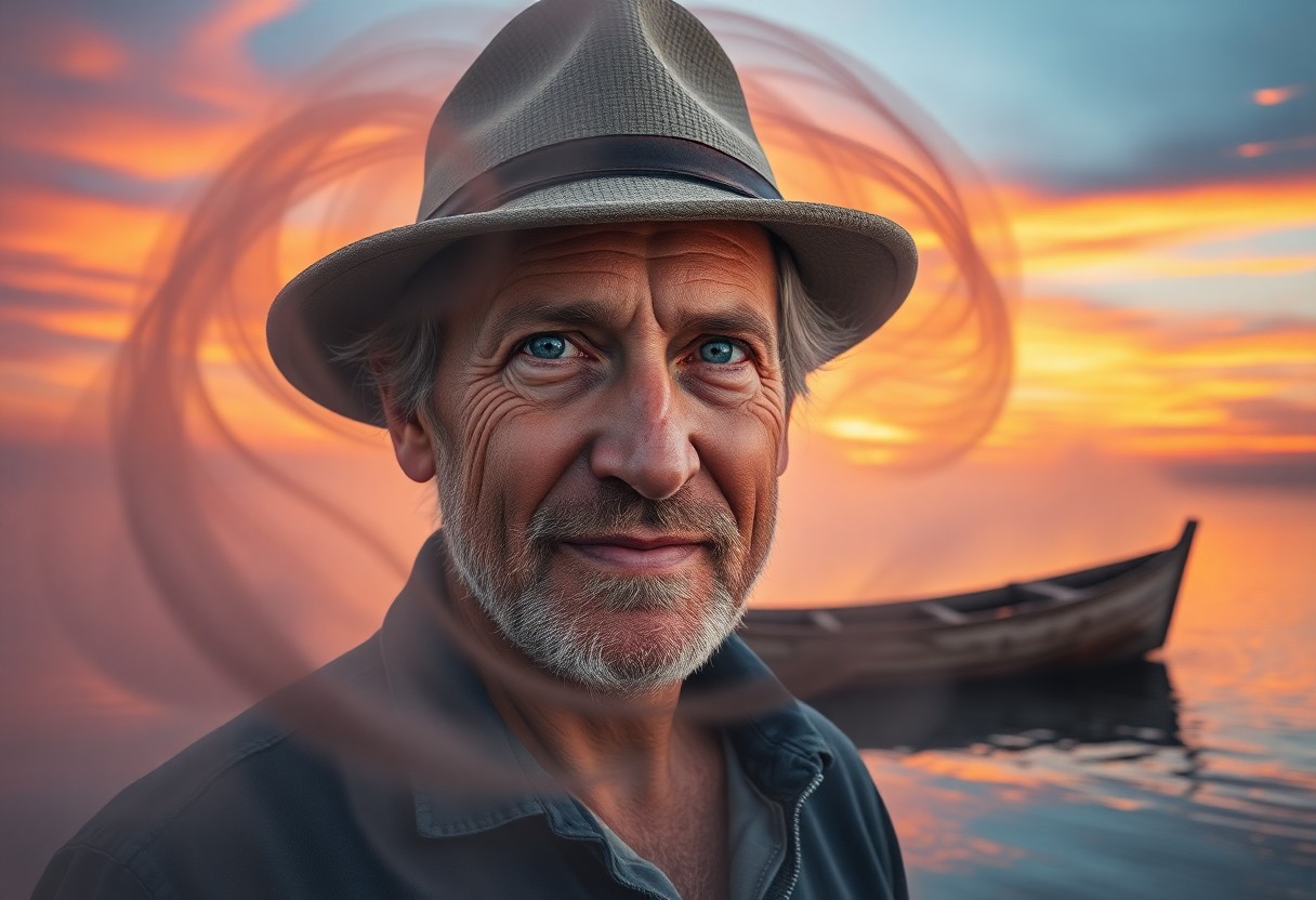 AI generated art for prompt: Craft an evocative portrait photograph capturing a middle-aged man with piercing blue eyes and grayi