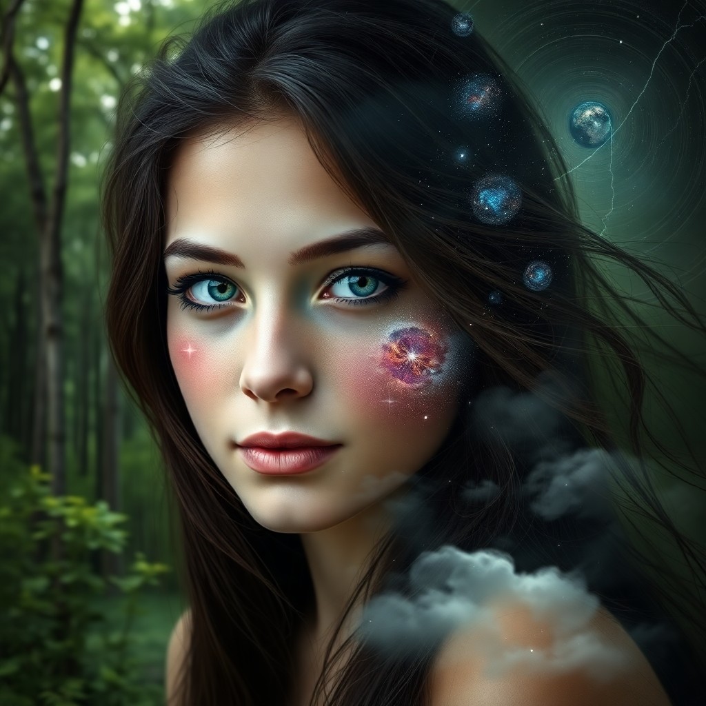 AI generated art for prompt: A photorealistic digital portrait depicts a young woman with captivating green eyes and flowing dark