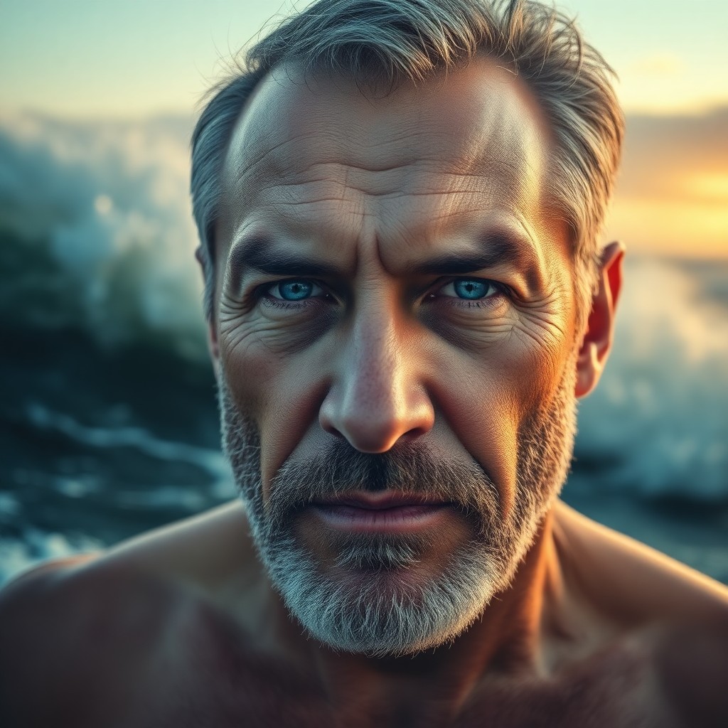 AI generated art for prompt: A captivating double exposure portrait captures a stoic middle-aged man with rugged, weathered skin 