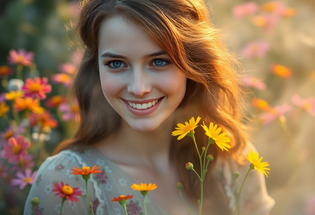 AI generated art for prompt: A photorealistic portrait depicts a young woman with captivating blue eyes and cascading chestnut ha