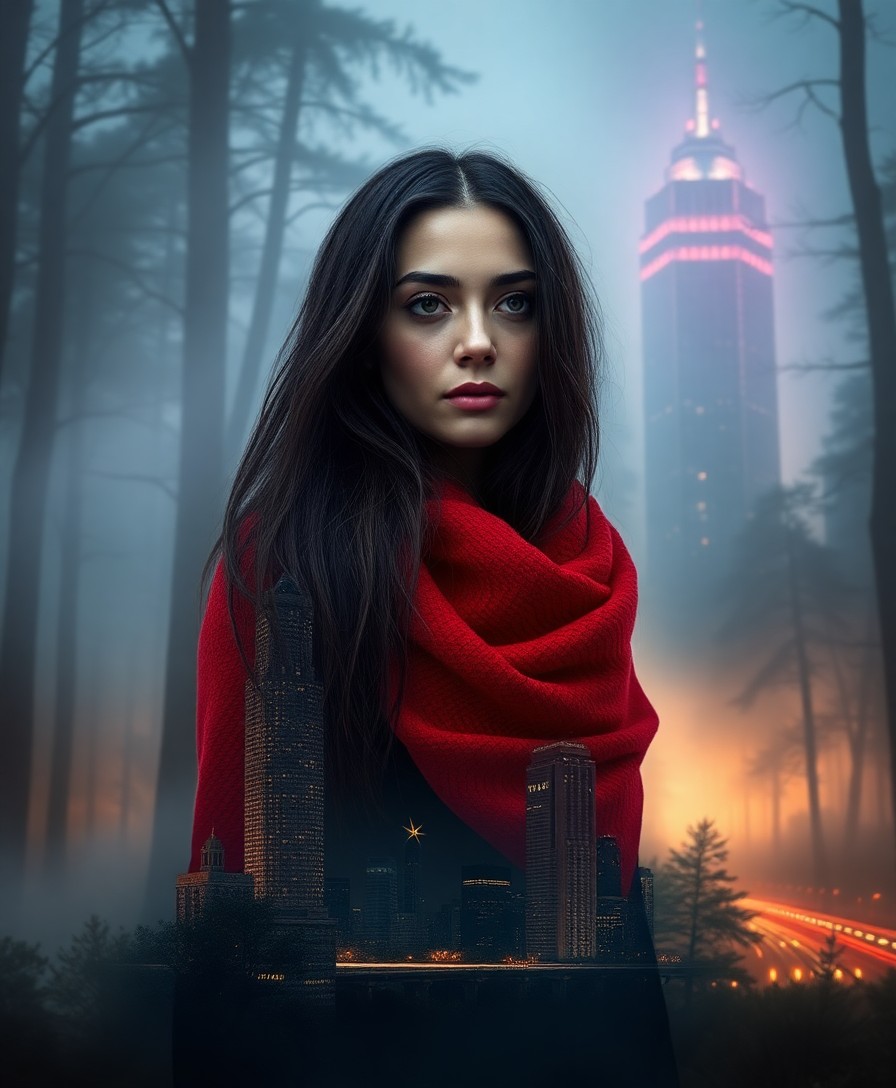 AI generated art for prompt: A woman, her long dark hair flowing freely, dons a vibrant red scarf as she stands amidst a mystical